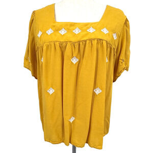 Mod Boutique Top Womens L Yellow Peasant Artisan Folk Cottage Square Neck Boho